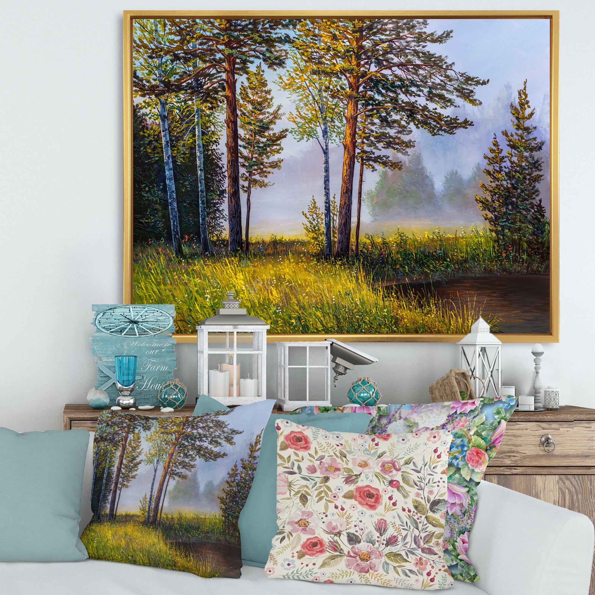 Designart 'Subtle Sunset Light Through The Trees III' Lake House Framed Canvas Wall Art Print