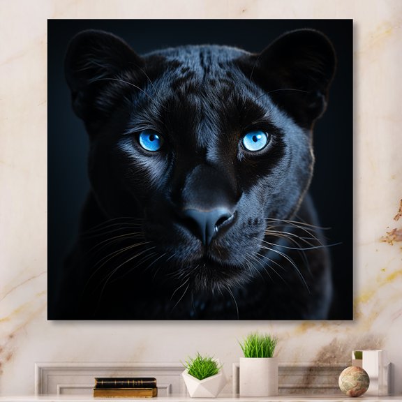Designart "Panther Portrait in Blue and Black II" Animals Wall Art - Modern Black Panther Hallway Wall Art Decor