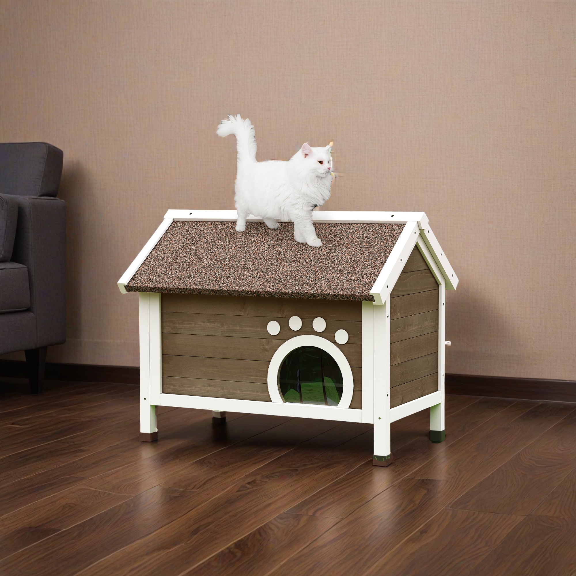 Uforic Outdoor Wood Cat House with Foam, Weatherproof Insulated Cat Shelter Enclosure, Brown