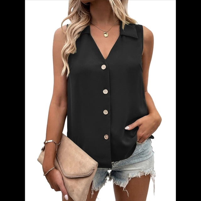Blusa Tipo Túnica Informal con Cuello en V y Botones, Sin Mangas, para Mujer Negro XL