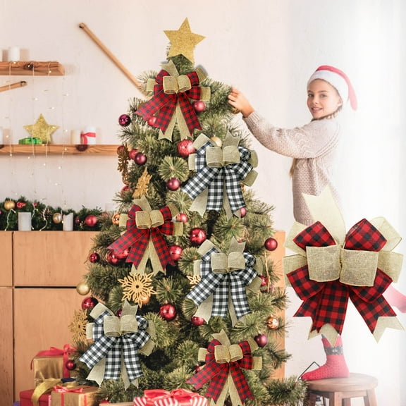 OEFNTAC Decorations Christmas Plaid Bow Wreath Bowknot DIY Craft Hanging Ornament Front Door Tree Wedding Party Decor Multi Occasion Durable Festive Accent for Home 24x33cm