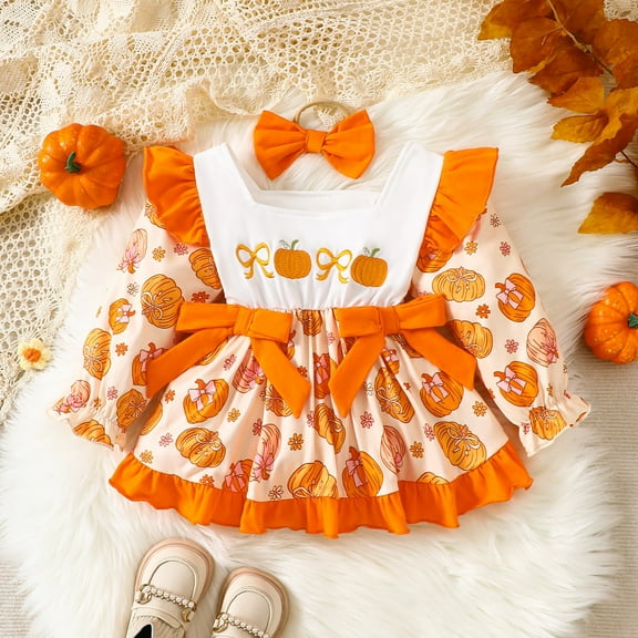 EnJoCho Girls Halloween Bow Decorated Romper Dress for Spring Fall, Cute Toddler Printed Jumpsuit Dress with Pumpkin Patterns
