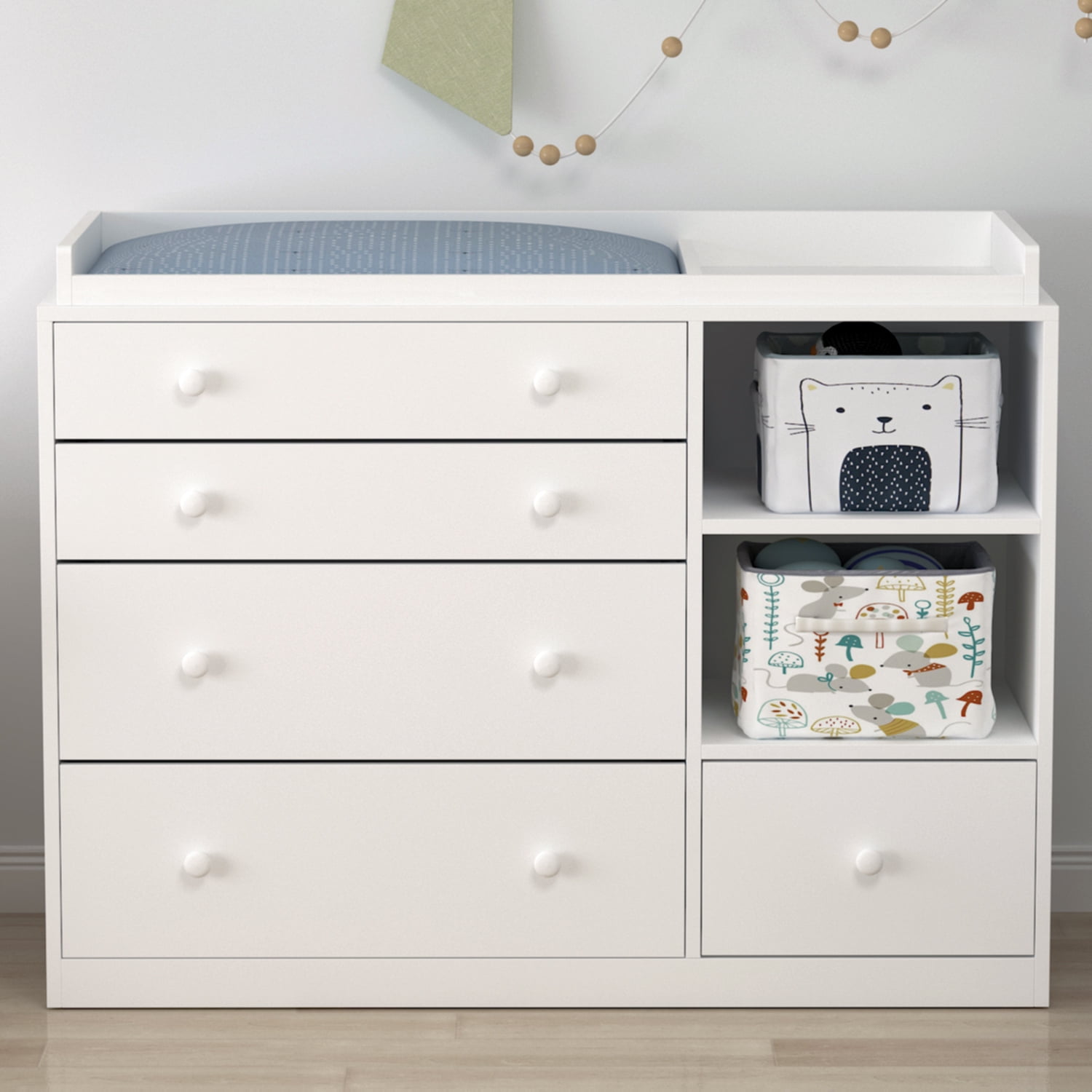 Timechee Nursery Dresser Baby Dresser with 5 Drawer & 2 Shelves, White Wood Chest of Drawers for