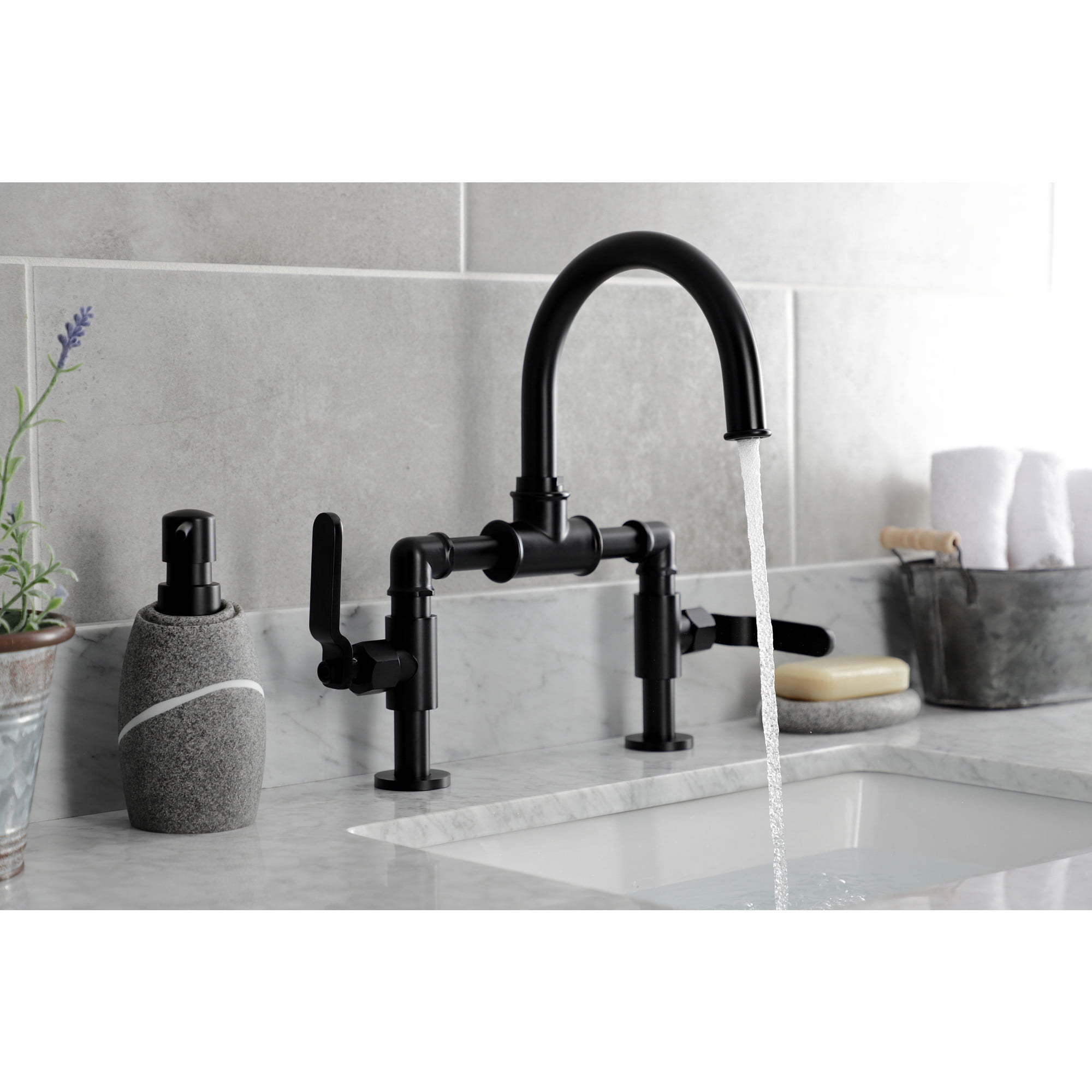 Kingston Brass KS2170KL Whitaker Industrial Style Bridge Bathroom Faucet with Pop-Up Drain, Matte Black