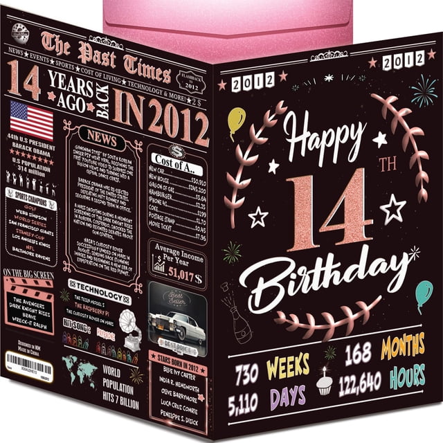 Tarjeta de cumpleaños Back2Time para 14 cumpleaños, color negro y dorado, 2012