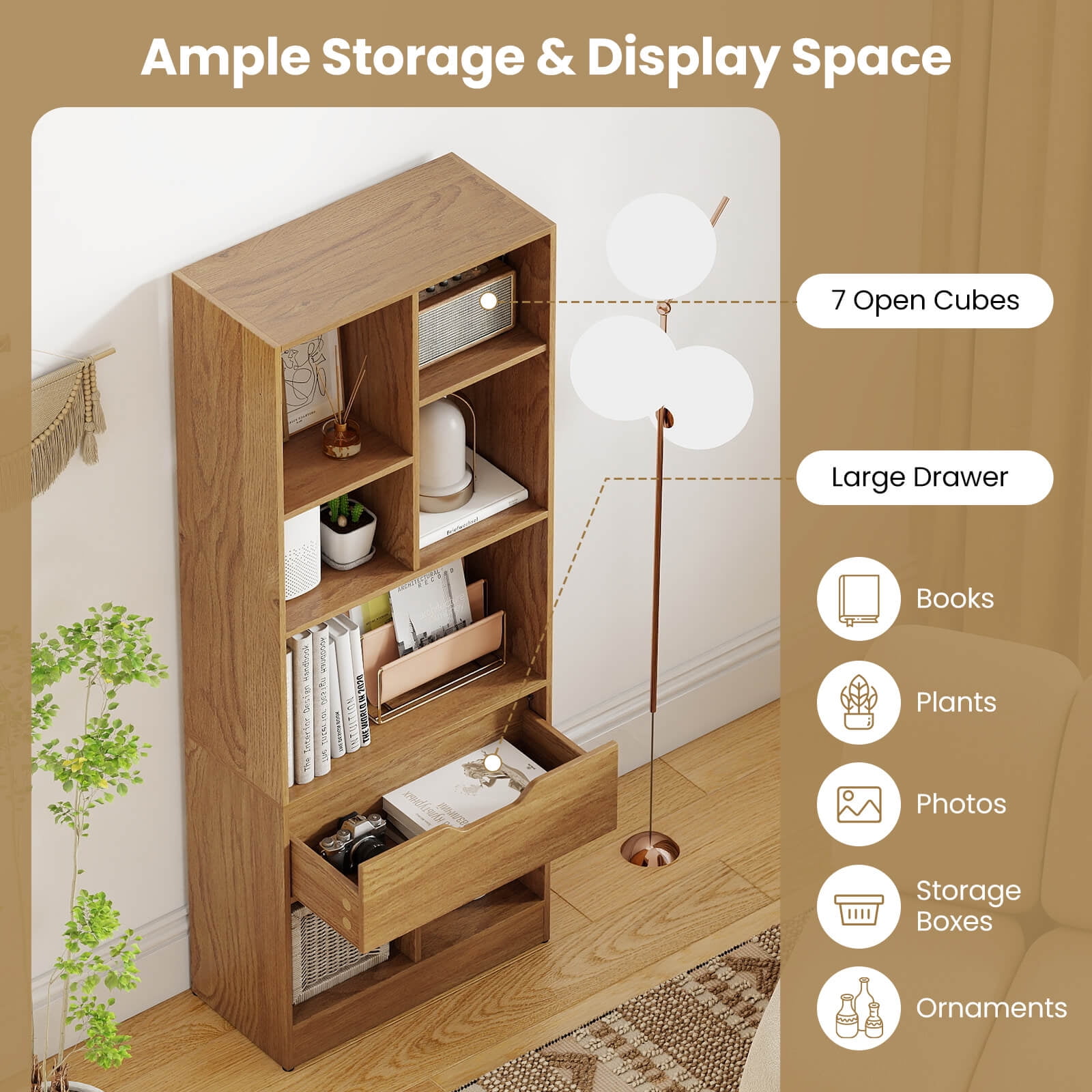 Costway 1 PCS 51” Tall Bookcase with Drawer 7 Open Cubes Anti-toppling Kits for Study Home Office Natrual