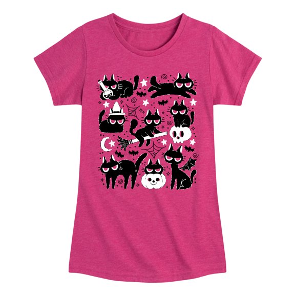 Instant Message - Black Cat Halloween -Youth Girls Short Sleeve T-Shirt Fitted Short Sleeve Graphic T-Shirt