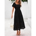 thumbnail image 2 of Black Eyelet Square Neck Puff Sleeve Smocked Maxi Dress With Pockets, 2 of 30