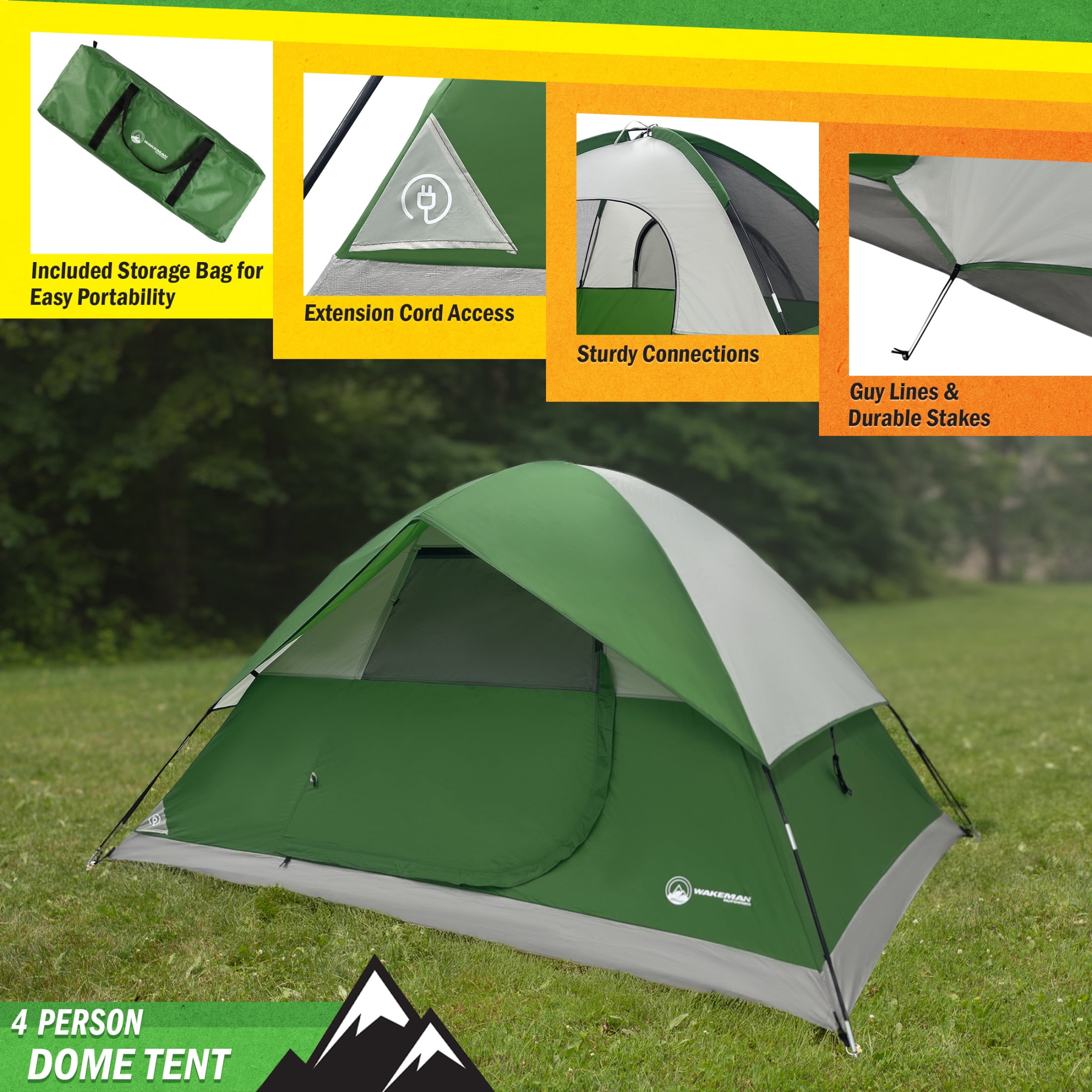 Wakeman Outdoors 4 Person Camping Tent with Rainfly - Easy Family Tents for Camping Essentials, Green