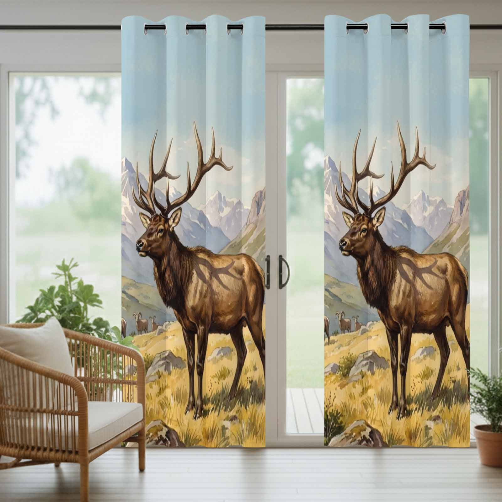 Majestic Elk Outdoor Curtains for Patio, Brown Wildlife Animal Rocks Snowcap Alpine Meadow Farm Sunshade Privacy Drapes Grommet Waterproof Outside Curtains for Porch/Cabana/Balcony 54"x 108", 1 Panel