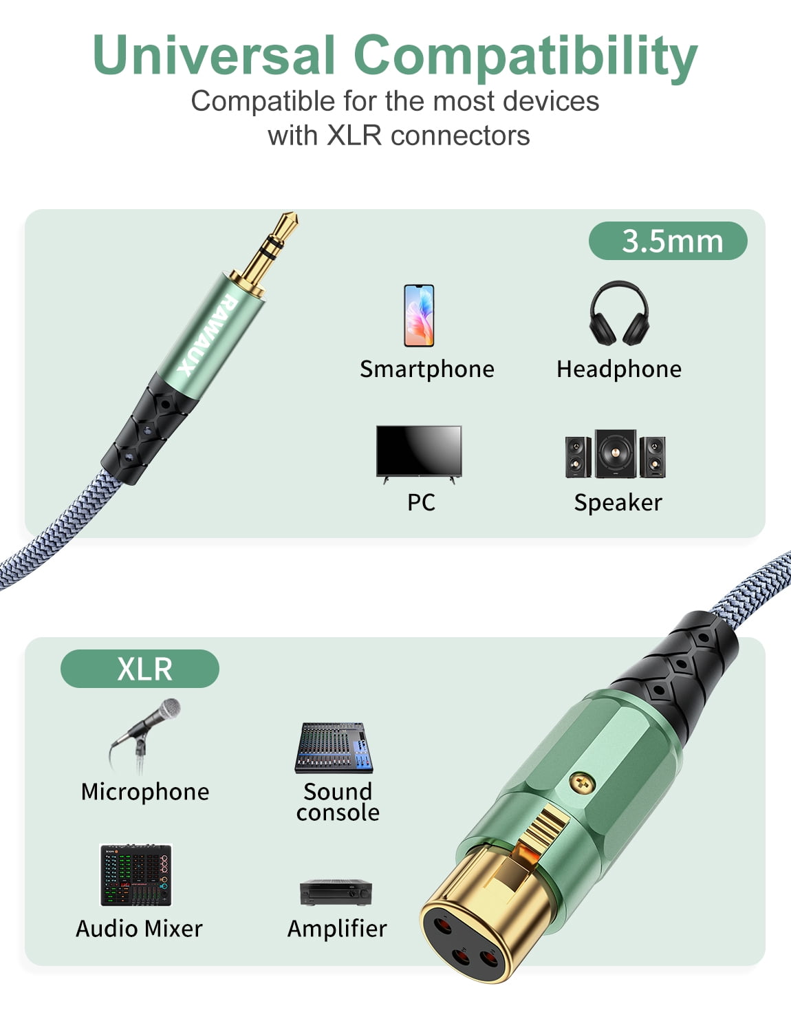 RAWAUX XLR Female to 3.5mm TRS Cable, Unbalanced 3 Pin XLR to 1/8 Inch Cord (10ft/3m)