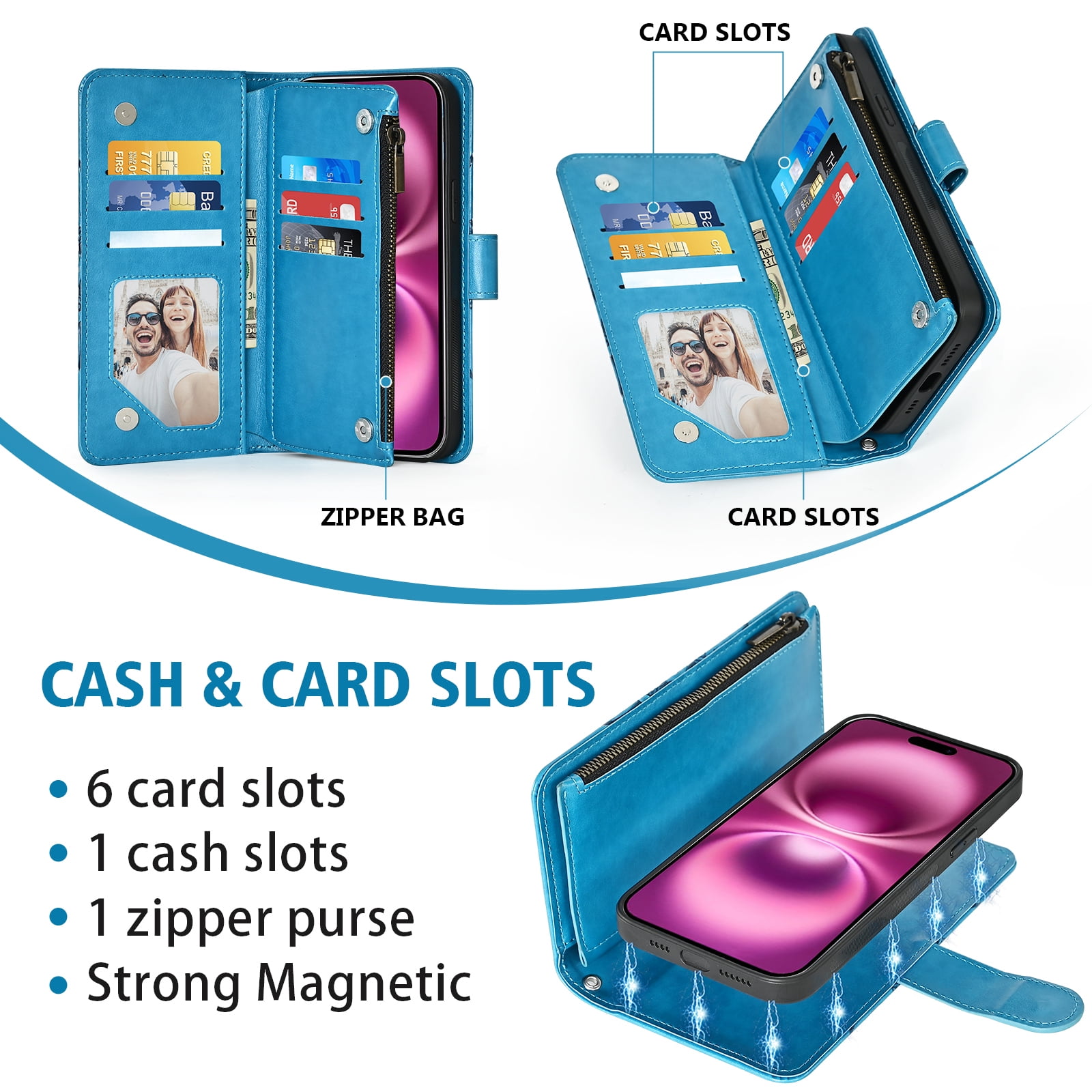 Phone Case for iPhone 16 Plus 6.7 inch Zipper Wallet Magnetic Detachable Cell Cover with Tempered Glass Screen Protector Crossbody Strap Flower Card Holder Slot i Phone16 16+ i16 16Plus Women Blue