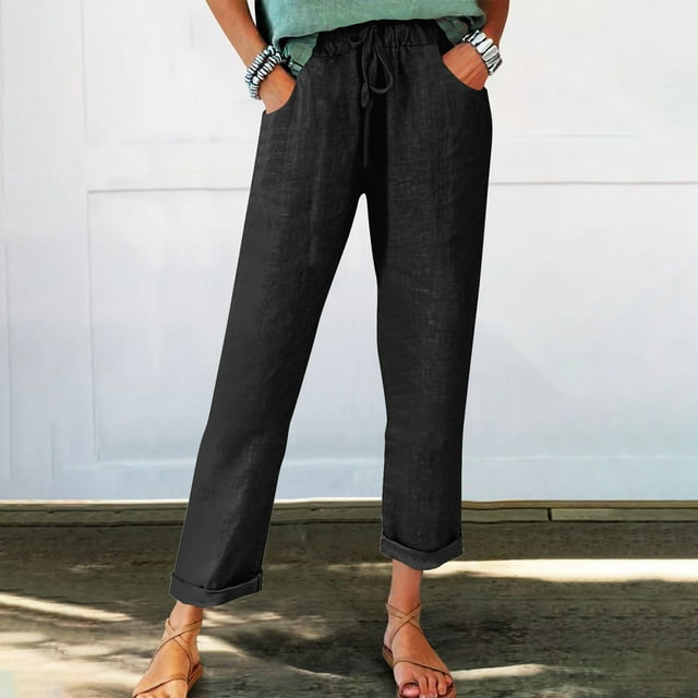 Karight Cotton Linen Pants for Women Summer High Waist Elastic Straight Leg Pant Casual Loose Solid Lightweight Beach Trousers