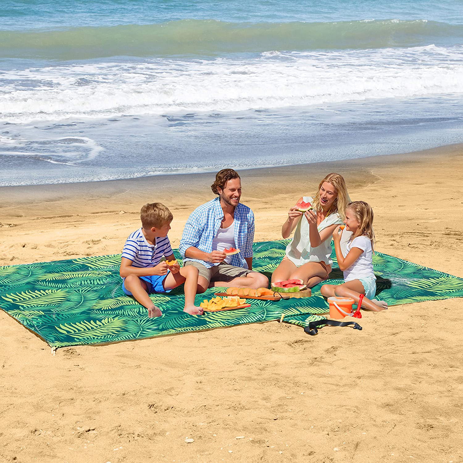 UrbanEco Outdoors Lightweight Beach Blanket Double Anchored for Fun Leisure Beach Blanket With Stake Pouch and Plastic Stakes Durable Sand Beach Mat Waterproof Sandproof Oversized 107 x 77