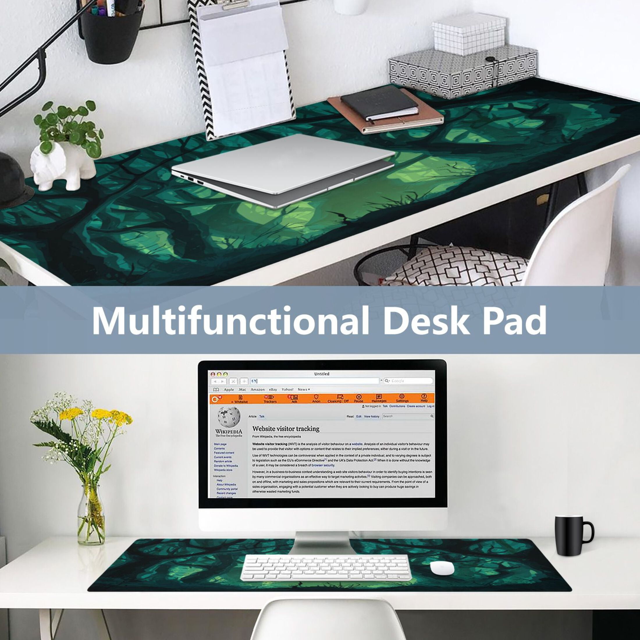 Leather Keyboard and Mouse Desk Mat Office Desk Accessories Protective Office Desk Decor Desk Pad Mat for Gaming, Work from Home, Office Dark Forest with Green Eyes 23.6" x 47.2"