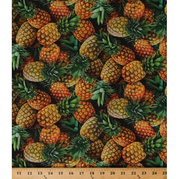 Cotton Pineapples Allover Tropical Fruit Kitchen Food Festival Cotton Fabric Print by the Yard (596GOLD)