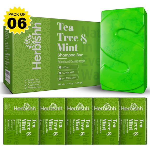 Herbishh Tea Tree & Mint Shampoo Bar Pack of 6 – Deep Cleansing Solid Shampoo & Conditioner Set for Oily Hair & Scalp – Tea Tree Oil & Mint Formula, Travel Size, For Men & Women, 3.53 oz Each