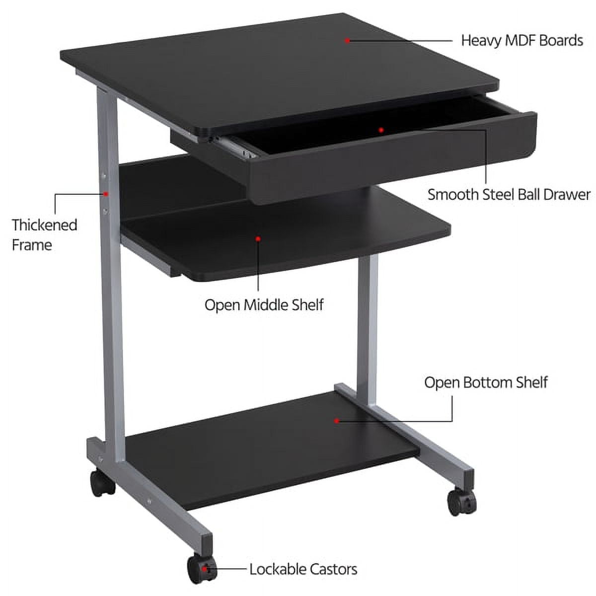 Alden Design Rolling Computer Desk with 2 Storage Shelves and Drawer, Black