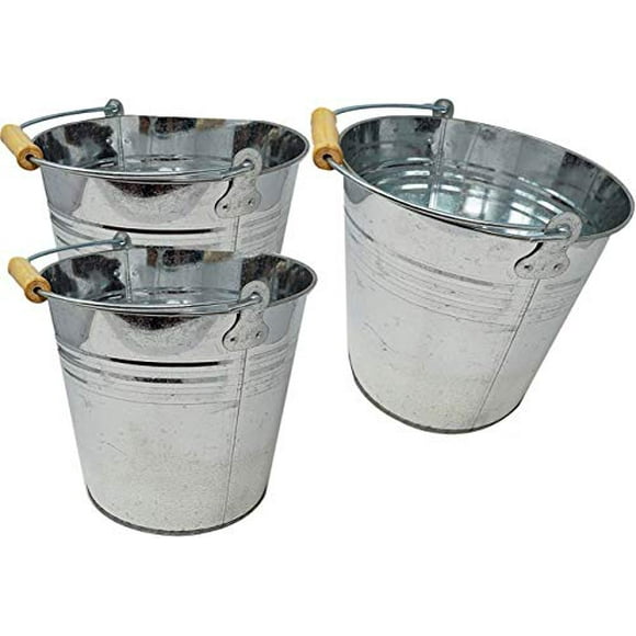 Large 2 Gallon Metal Bucket (3 Pack) Pail Tins Silver W/Wood Handle for Gifts Basket, Ice, Beer or Candy â 10â top x 9â h x 7.5â Bottom