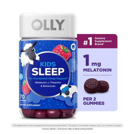 OLLY Kids Sleep Gummy Supplement, 0.5mg Melatonin, L-Theanine, Raspberry Flavored, 70 Ct