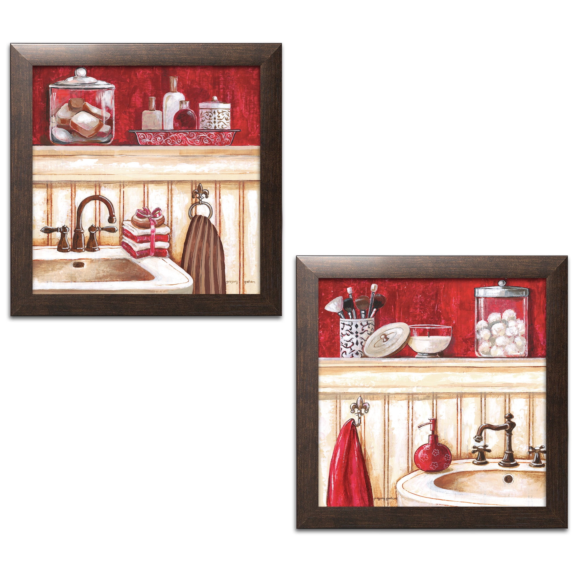 Red and Beige Bathroom Still Life Adult Decor; 2 12" x 12" Brown