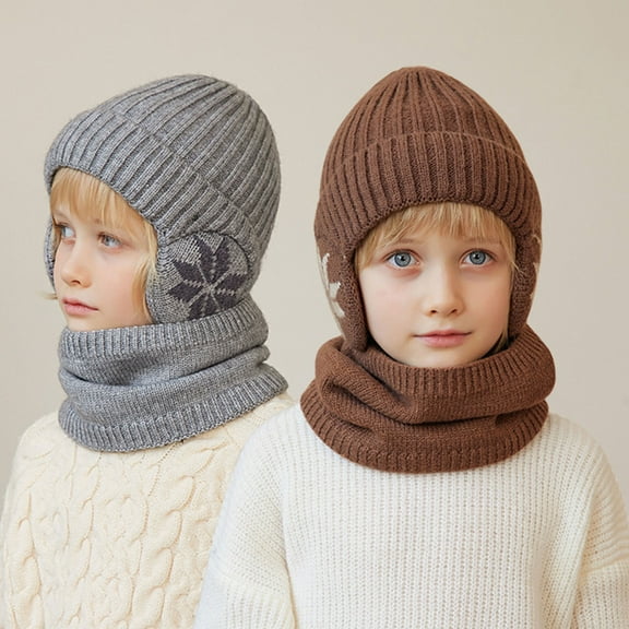 D GROEE Winter Neck Warp Set Winter Children Hat Scarf Set Printed Thickened Elastic Warm Anti slip Soft Dome Windproof Ear Neck Neck Warp Set