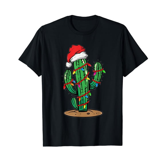Christmas Lights Cactus Lover Funny Xmas Gift T-Shirt Black Tee