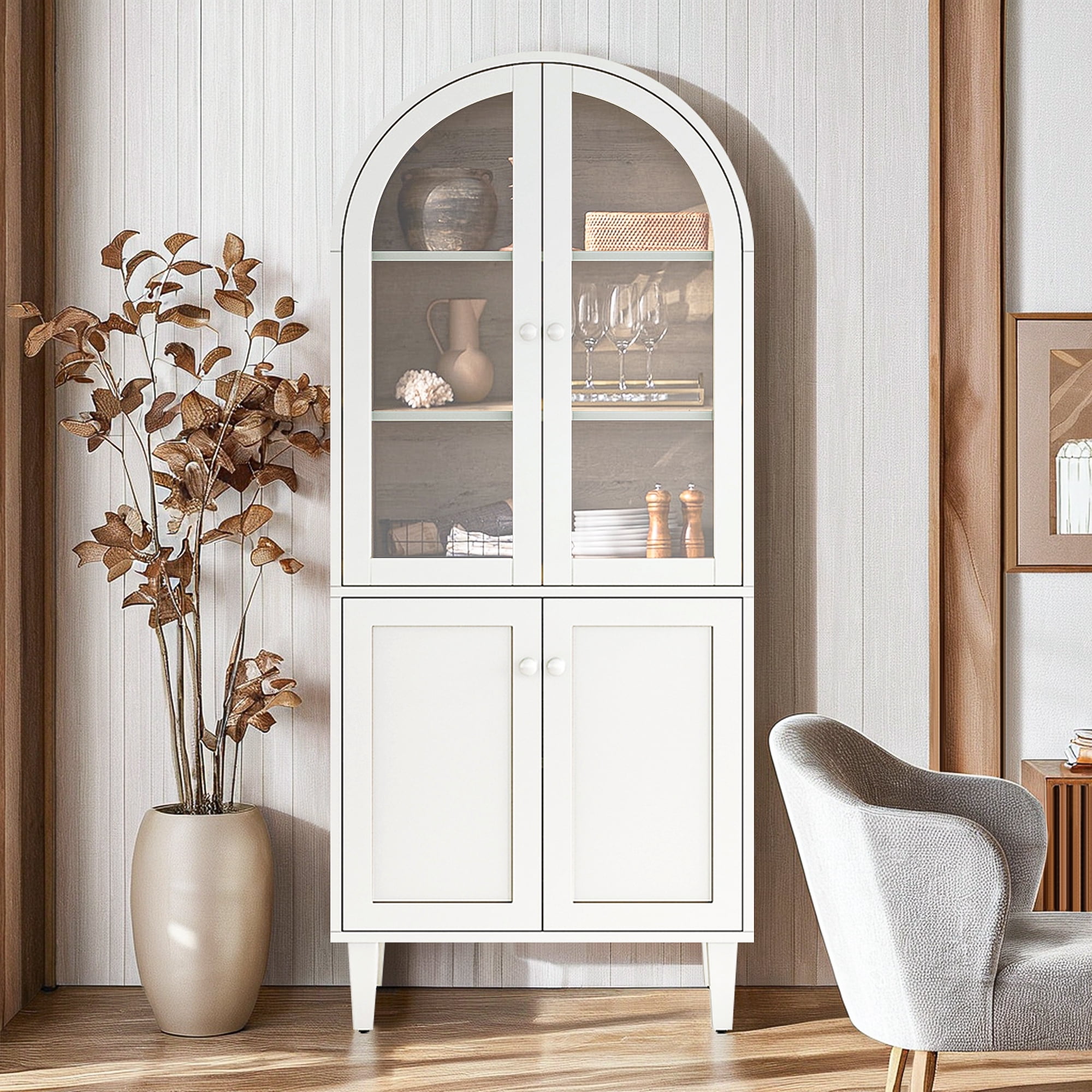 Demi Bonn 5 Tier Arched Bookcase, 68" Tall Wood Display Bookshelf Storage Cabinet Pantry Organizer for Bedroom, Living Room, White