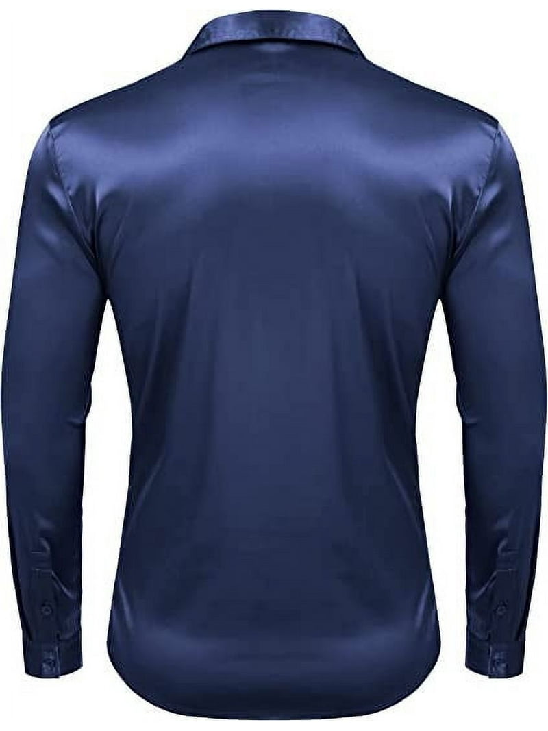 Mens Silk Shirts Long Sleeve-Luxury Shiny Silk Satin Party Dress Shirt  Button Up Casual Muscle Fit for Men(Navy Blue,S) - Walmart.com
