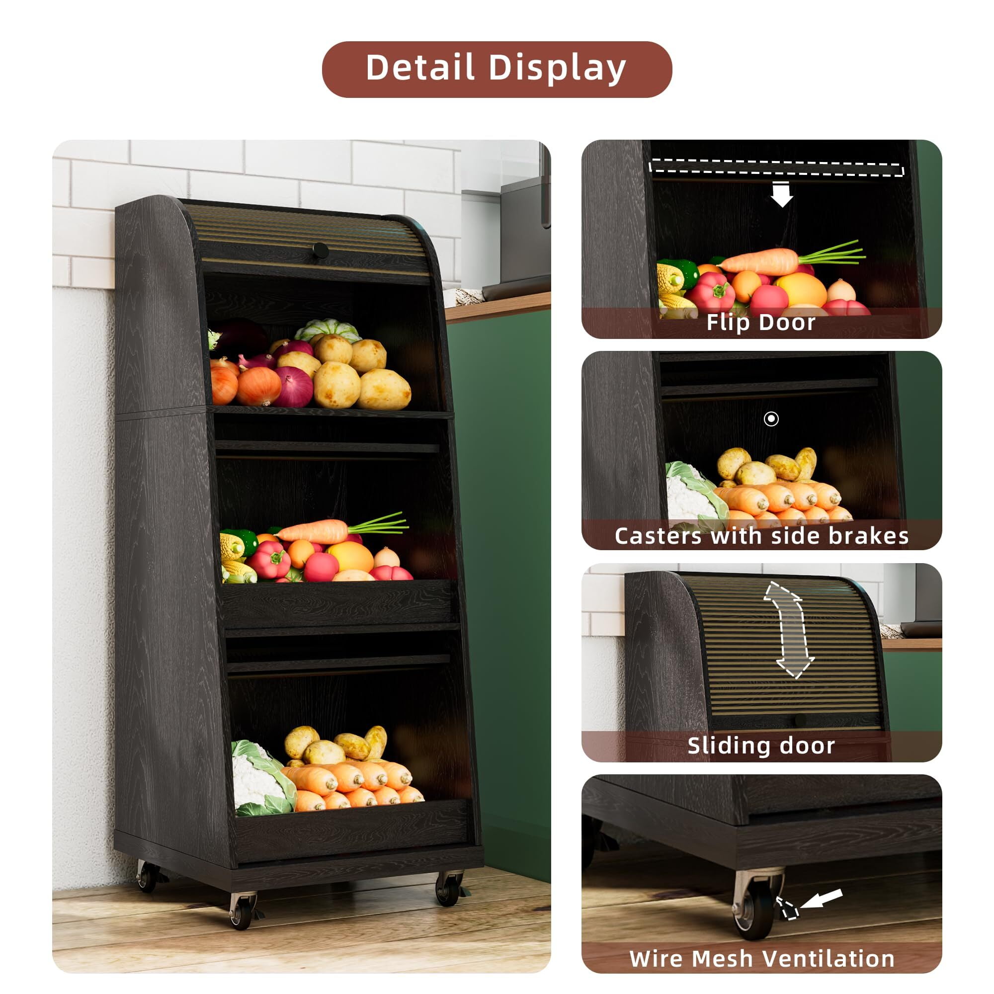 Movable Potato & Onion Storage Bin, Mid Century Modern Wood Pantry Cabinet with Sliding Door, Wheels & Bread Storage, Black