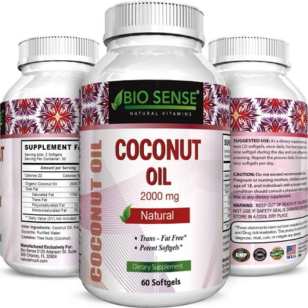 Bio Sense Pure and Organic Coconut Oil, Cold Pressed, Highest Grade and Quality Softgels (Best Supplements) - Certified Full Strength - 100% Natural with 2000 mg per