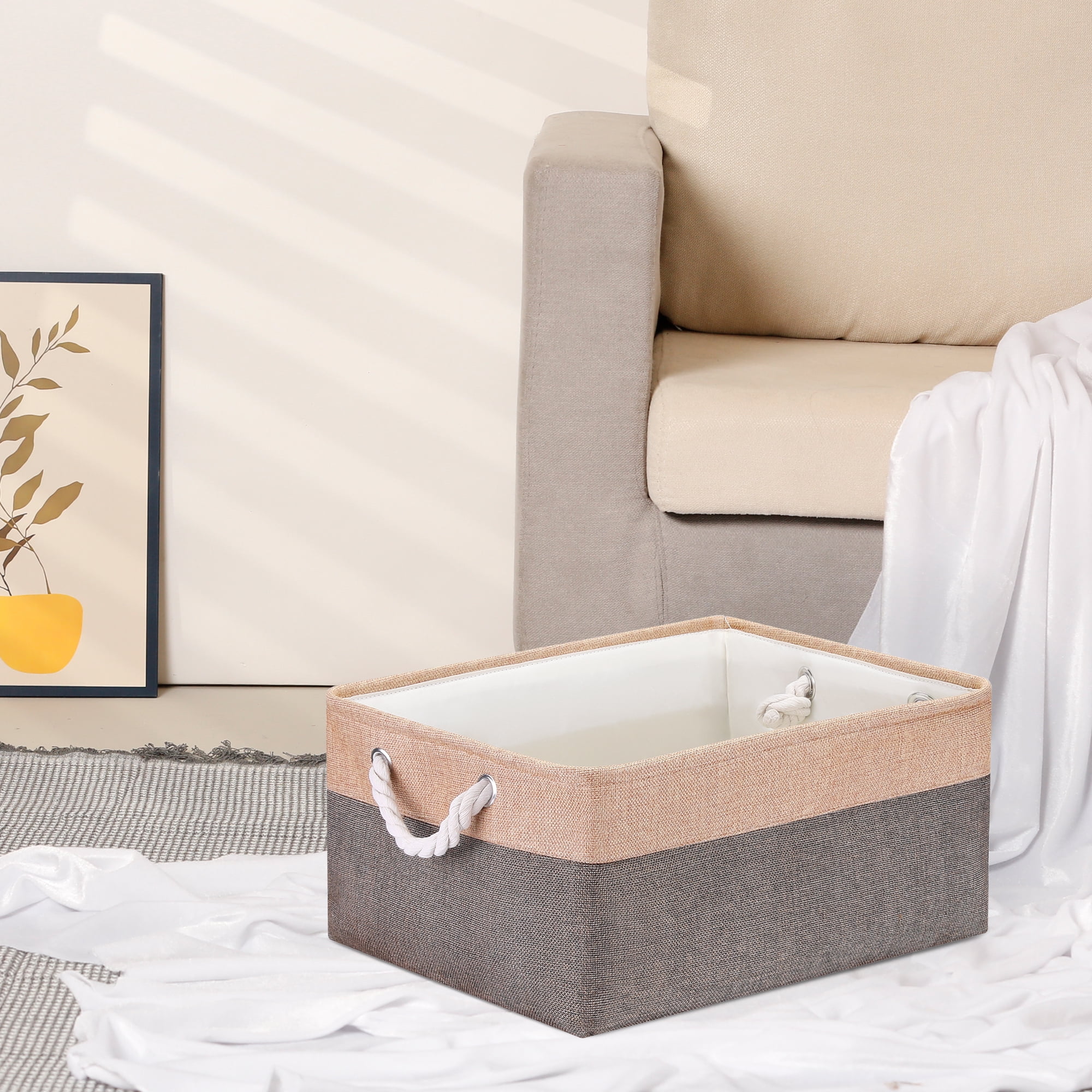 Unique Bargains Storage Bin with Handle Fabric Cube Coffee/Brown 16*12.5*8in