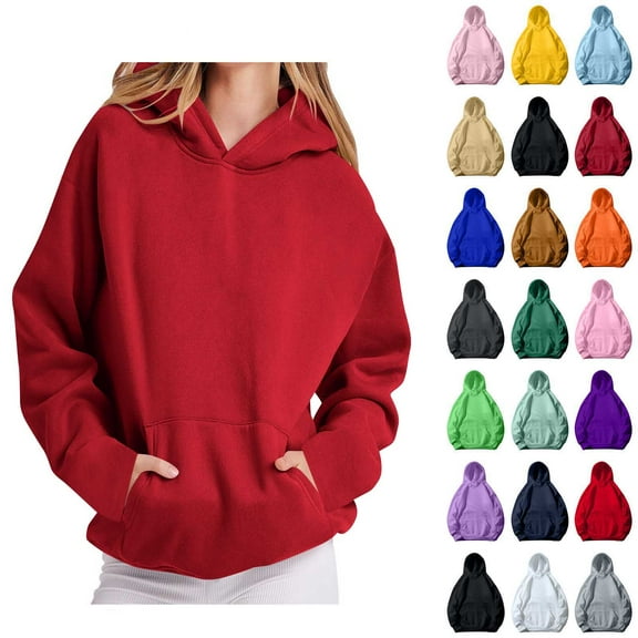 Fall/Winter Sweatshirts Agkizg Womens Fleece Sweatshirts,Oversized Long Sleeve Pullover Hoodies Solid Color Warm Relaxed Fitting Athletic Wear Winter Clothes with Pocket S
