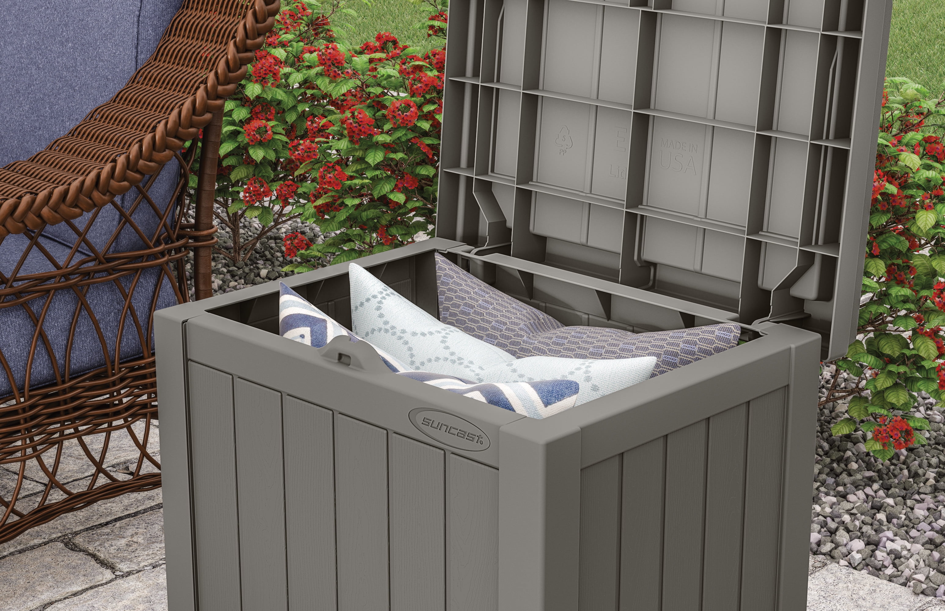 Suncast 22 gallon small resin patio storage deck box and seat hotsell