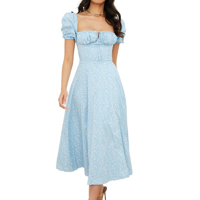 Vestidos Largos Vestidos de mujer Vestido elegante con mangas abullonadas Ropa de primavera y verano (Azul claro S) Cgtredaw Para estrenar