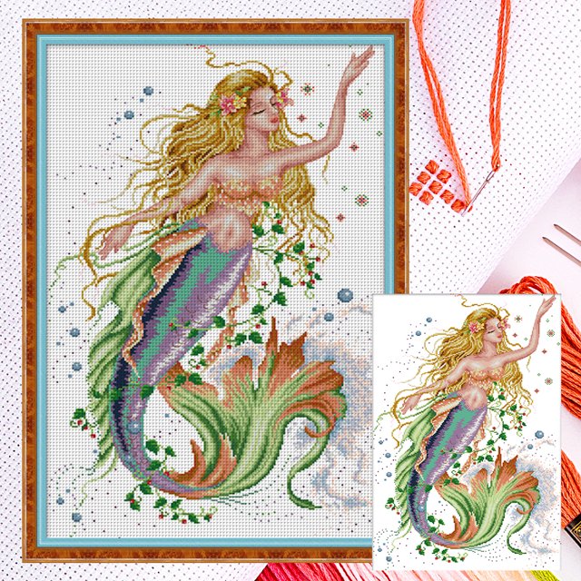Hilo Algodón Ecológico Bordado Parcial Punto Cruz Sirena Contado 14 Quilates 40x61cm