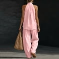 thumbnail image 4 of Textilo Womens Cotton Linen 2 Piece Sets Sleeveless V Neck Halter Top Matching Baggy Wide Leg Pants Set Solid Color Sets Trendy 2026 Breathable Summer Travel Casual Outfits Tracksuit,Pink 2XL, 4 of 5