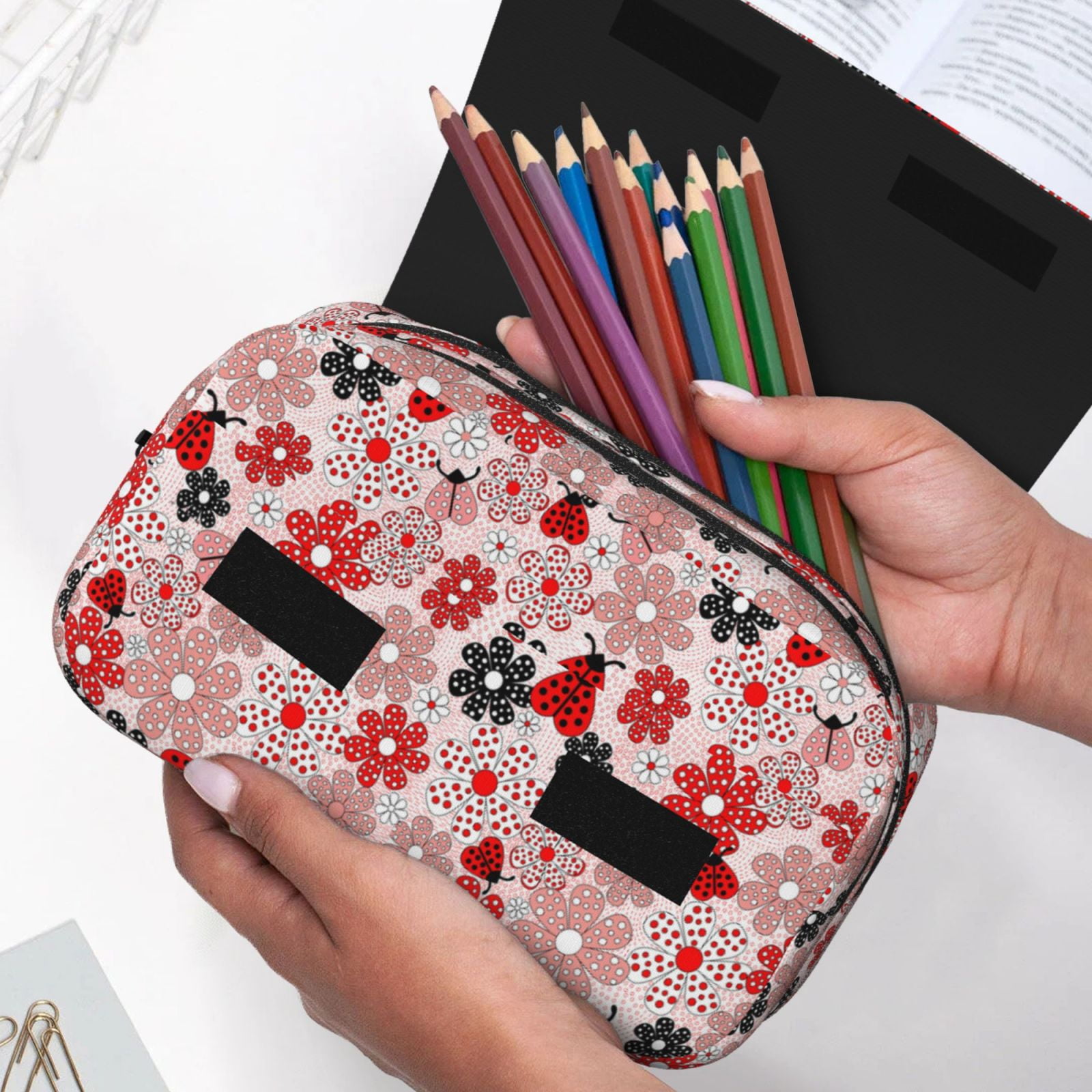 Rateoe Cute ladybugs red Pattern Double Clamshell Pen Case, Storage Organizer with Two Zipper Compartments– Holds Up to 50 Pencils & Pens