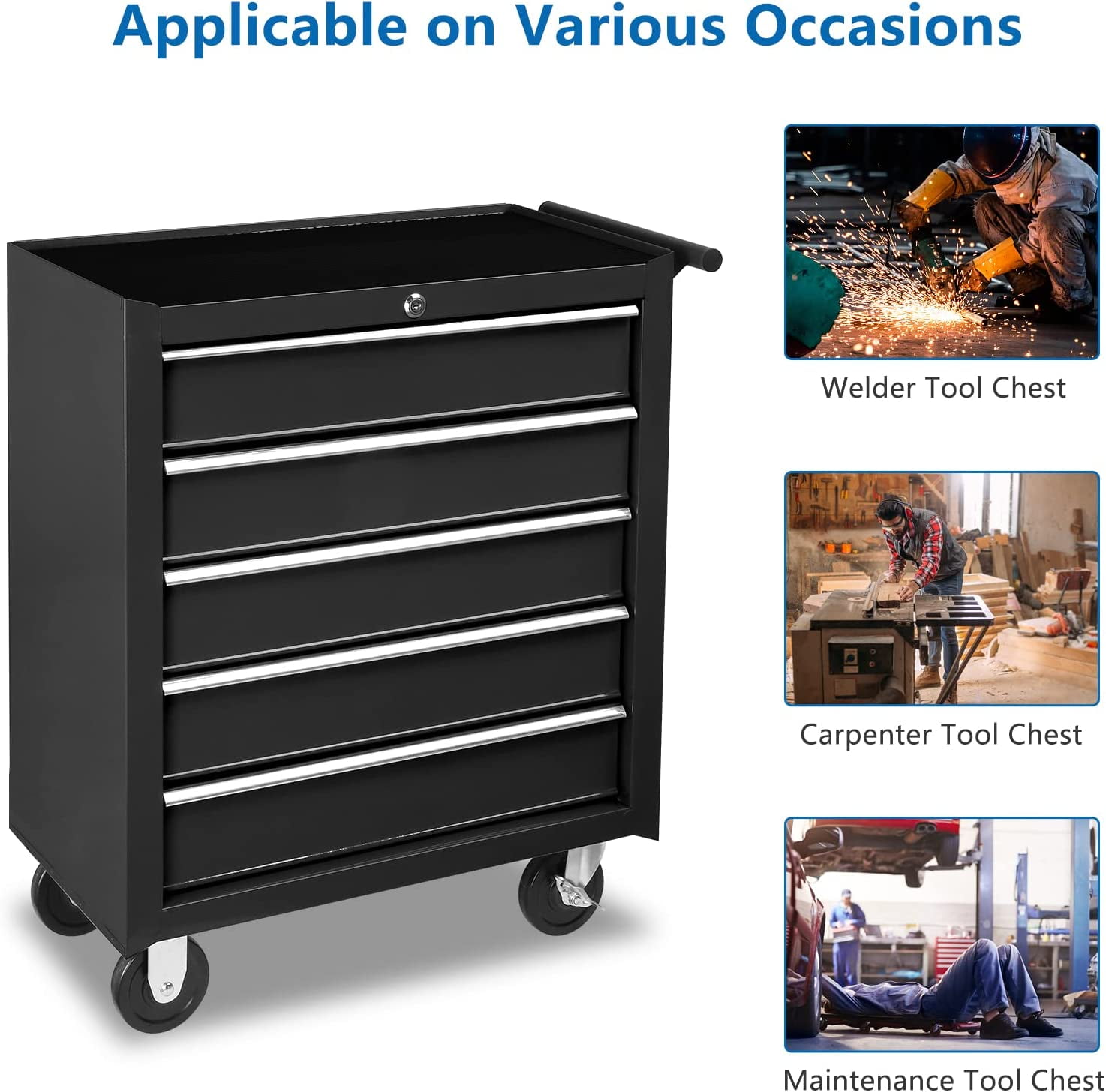 TUFFIOM 5-Drawer Rolling Tool Chest w/Lock & Key, Tool Storage Cabinet with Wheels, Top Cushion & Drawer Liners, Tool Organizer Box for Garage, Warehouse & Repair Shop