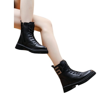 

Difumos Ladies Waterproof Flat Ankle Boots Lace Up Casual Boot Outdoor Comfort Round Toe Fashion Short Booties Black (Plush Lined) 5