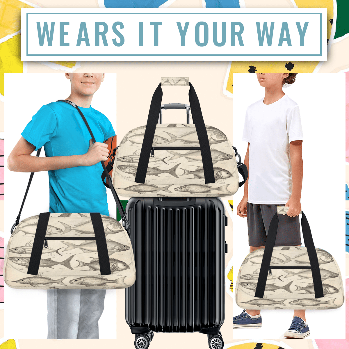 Herdesigns Sports Duffle Bags Travel Duffle Bag Gym Bag Vintage Fish Printed Weekender Travel Bag Waterproof Overnight Bag Carry On Travel Tote Bag Dance Bags