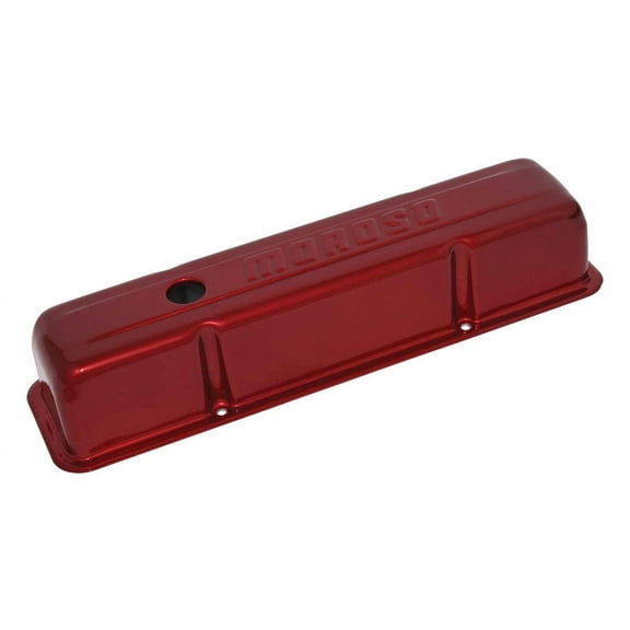 Moroso 68006 Valve Covers with Logo Tall Stamped Steel Red Powdercoated SBC Pair