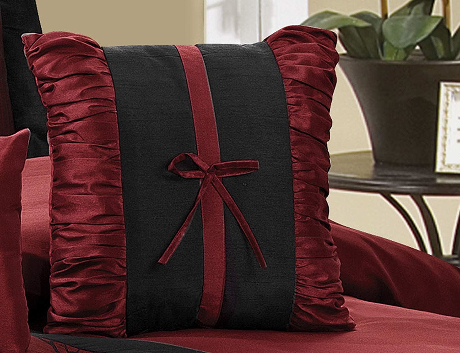 EvJk 7 Piece Traditional Comforter Set, Jacquard Patchwork, Burgundy, Queen