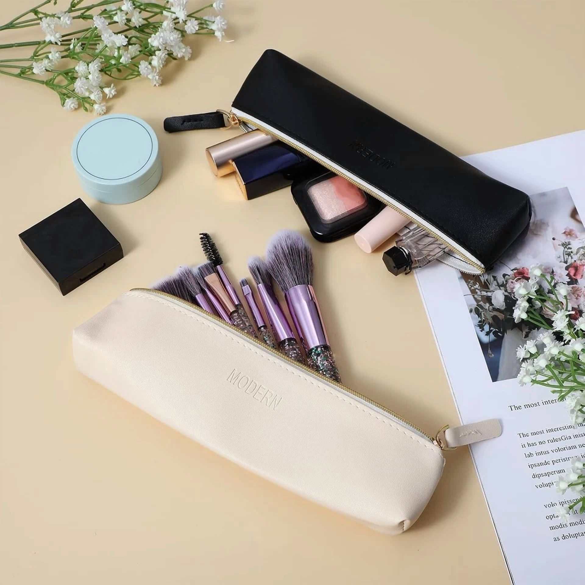 2Pcs Slim Pencil Case Small Pencil Pouch Portable Leather Makeup Brush Bag