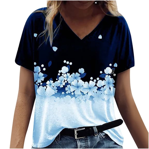 Womens Print V-neck Tank Tops Short Sleeve Workout Shirts Casual Loose Tees