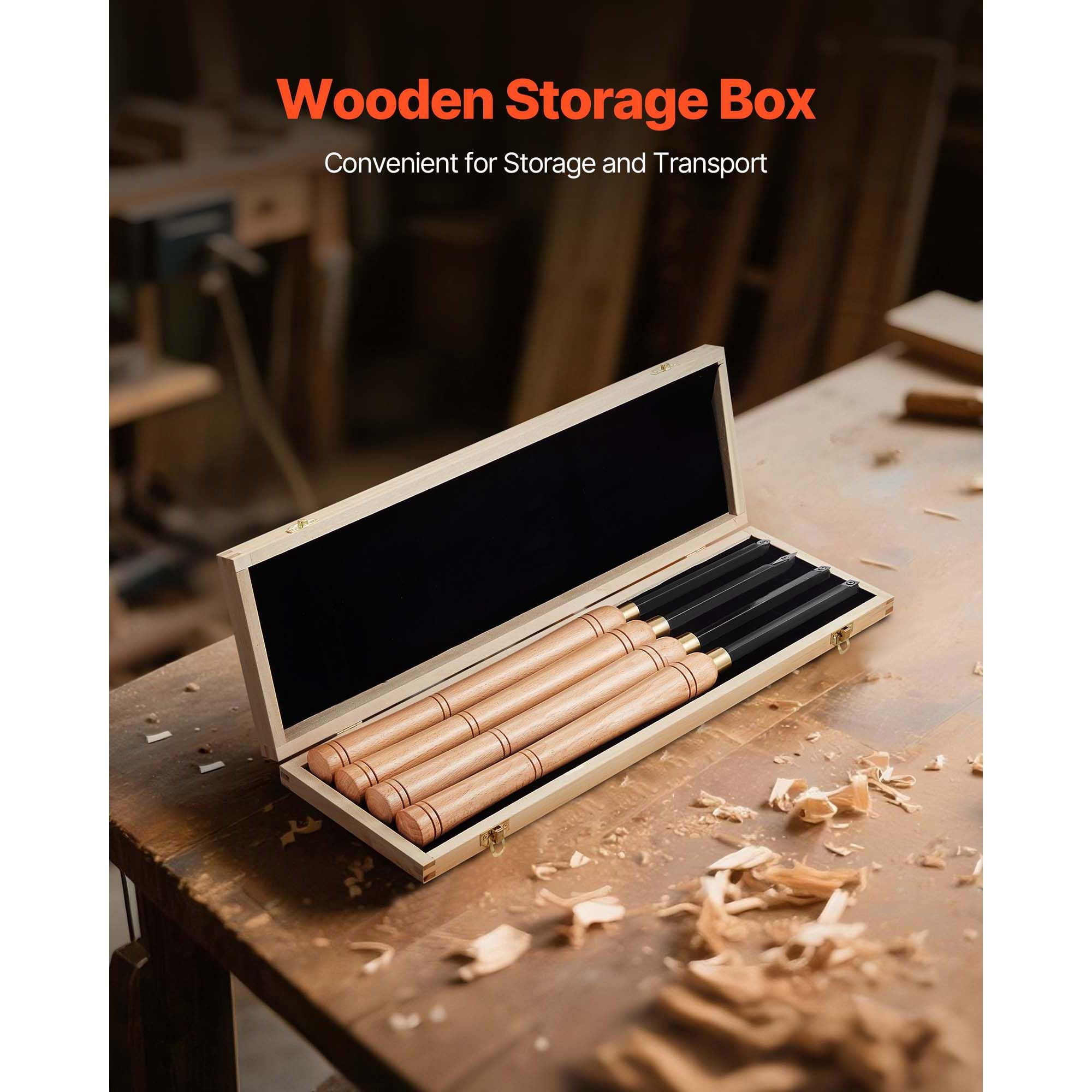 Wood Lathe Chisel Set 4-Piece Carbide Replaceable Blades Diamond/Round/Square with Wooden Box for Woodworking