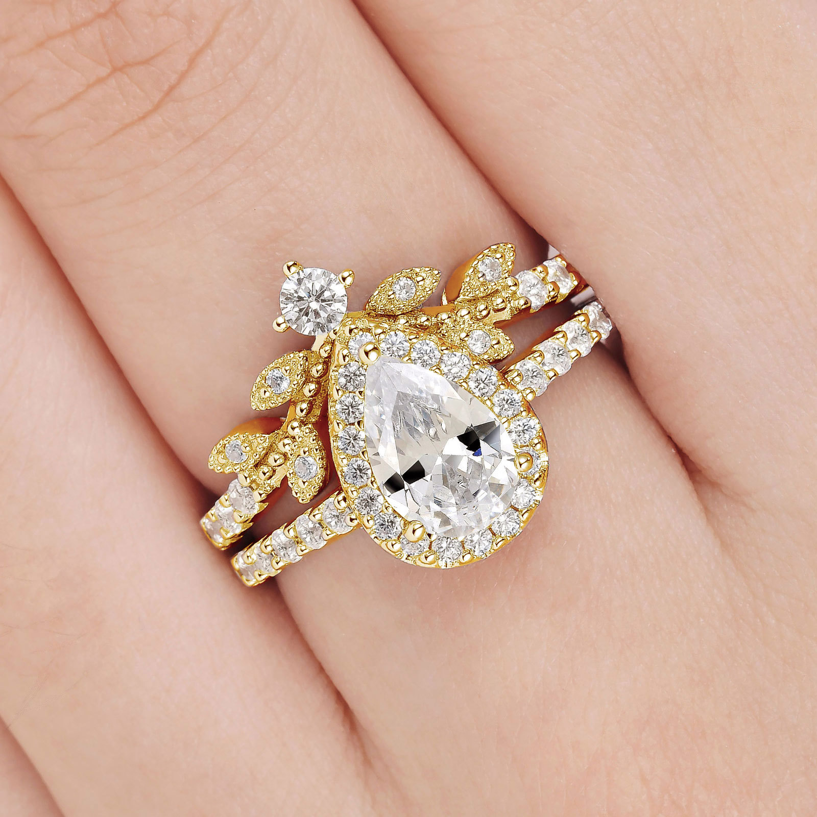 Newshe Jewellery Wedding Rings for Women Vintage 925 Sterling Silver Pear Shaped Yellow Gold Cz Bridal Set Size 6