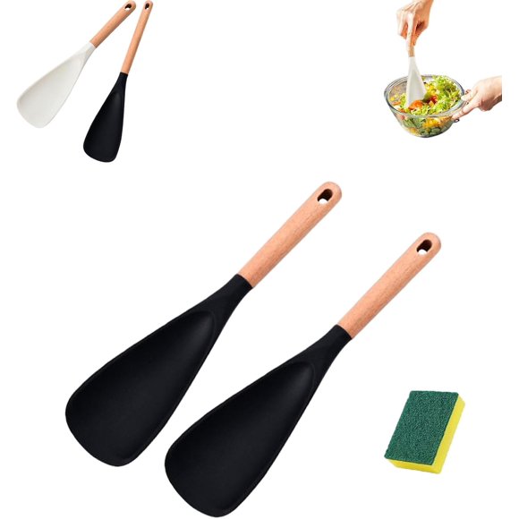 Couturesh Spoon, Facilitatek Cooking Spoon, 2-in-1 Long Wood Head Matte Silicone Scoop Salad Spoons for Cooking Heat Resistant Utensils Kitchen (Black+Black, 13.38 x 2.75 in)