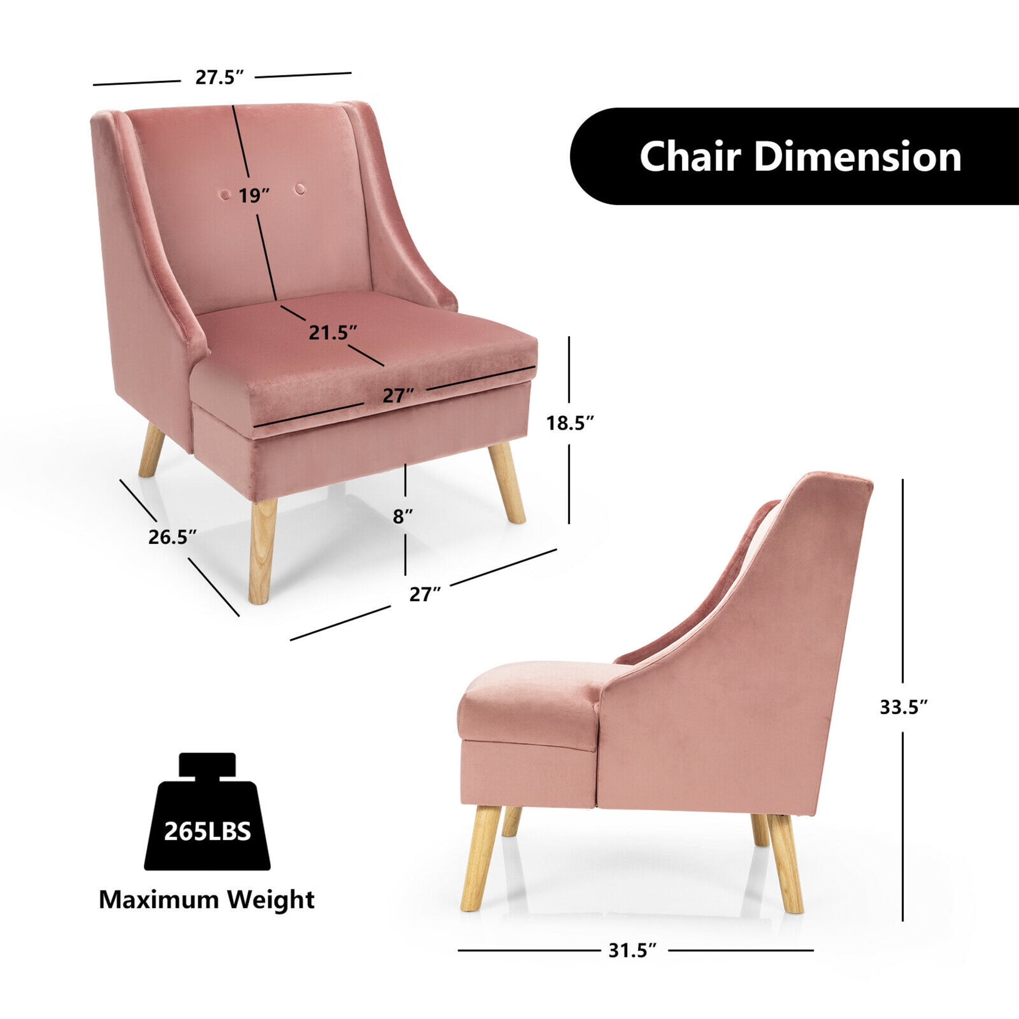 Gymax Velvet Upholstered Swoop Arm Accent Chairs with Rubber Wood Legs, Pink