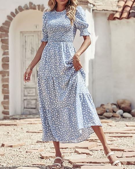 FreshPretty Women Casual Summer Dresses 2025 Spring Crew Neck Ruffle Short Sleeve Floral Print Smocked Boho Flowy Maxi Dress